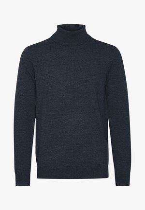 Dunkelgrauer Rollkragenpullover aus weichem Strickmaterial, mit gerippten Bündchen und Kragen, im klassischen geraden Schnitt und ohne Muster.