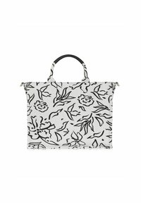 Czarnobiała torba na ramię w kształcie prostokąta, z podwójnymi uchwytami i zamknięciem na zamek. Posiada wzór z teksturowanej tkaniny.