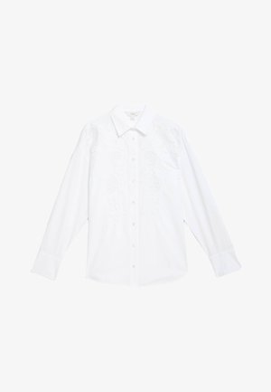 Hvid skjorte med lange ærmer lavet af glat stof, prydet med detaljeret broderi på forsiden, klassisk krave og knaplukning.