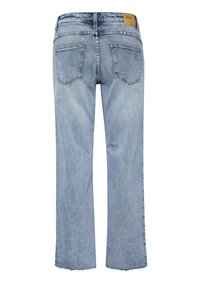 Light blue denim jeans, straight leg design, with two back pockets, frayed hem edge, and a small brand tag on the waistband.