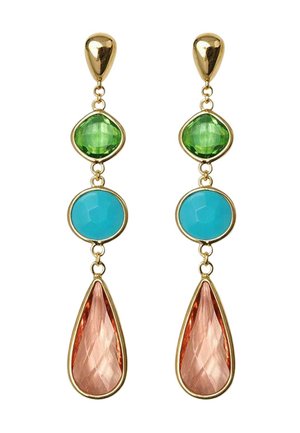 Pendientes de gota de oro con tres piedras facetadas: cuadrado verde, círculo azul y formas de lágrima color melocotón enlazadas verticalmente.