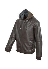 Chaqueta de cuero marrón con cierre de cremallera, capucha con forro gris, puños acanalados y dos bolsillos laterales. Textura suave y diseño clásico.