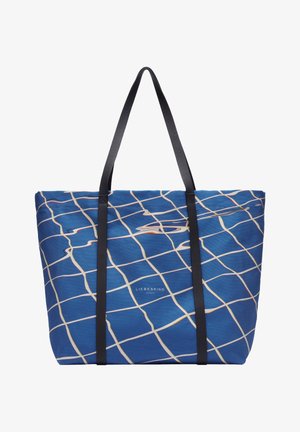 Blauwe tote bag met een ruitpatroon in wit en geel, met zwarte leren handvatten en een geprint logo aan de voorkant.