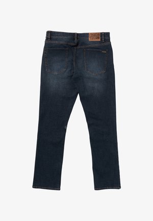 Dunkelblaue Jeans aus Denim mit zwei Gesäßtaschen, Lederetikett mit Markenlogo am Bund und kleinem Logo-Tag an der rechten Tasche.