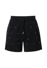 Pantaloni corti neri in morbido tessuto, decorati con piccole embellishment bianche simili a perle, con vita regolabile con coulisse e orlo leggermente sfrangiato.