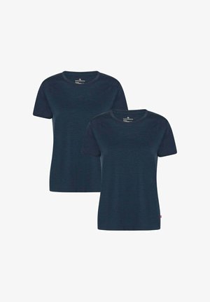 Marineblauwe katoenen t-shirts met ronde hals, één over de ander gehangen, korte mouwen, zachte textuur, zonder zichtbare patronen of accenten.