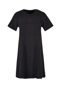 Schwarzes T-Shirt-Kleid aus Baumwolle, mit kurzen Ärmeln, lockerem Schnitt und rotem Herzstickerei auf der Brust.