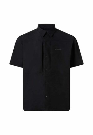 Camicia nera a maniche corte con bottoni, colletto e logo discreto sul petto sinistro.