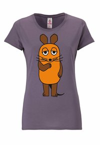 Purple cotton t-shirt featuring an orange cartoon mouse with brown accents. Mouse displays a neutral expression and stands with arms crossed.
