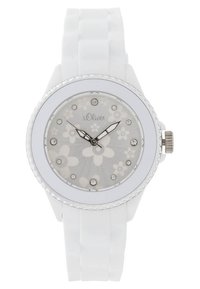 Biała silikonowa bransoleta z szaro-kwiatowym cyferblatem, srebrnymi akcentami i kryształowymi znacznikami, z okrągłą kopertą typu bezel.