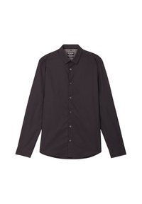 Camicia a maniche lunghe con bottoni in tessuto grigio scuro con una trama sottile, dotata di colletto classico e sei bottoni abbinati lungo la parte frontale.