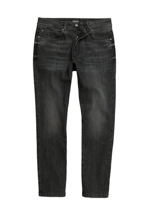 Jeans en denim noir avec une coupe slim, dotés d'une braguette zippée, d'une fermeture à bouton et de cinq poches. Texture légèrement délavée avec une finition lisse.