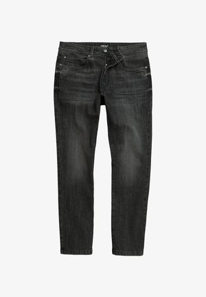 Vaqueros de mezclilla negra con corte ajustado, que cuentan con cremallera, cierre de botón y cinco bolsillos. Textura ligeramente deslavada con un acabado suave.