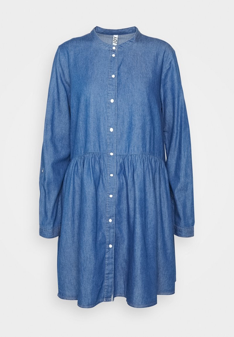 Abito camicia in denim con colletto rotondo, maniche lunghe e chiusura a bottoni. Tessuto azzurro chiaro con vita arricciata e orlo dritto.