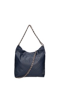 Borsa a tracolla in pelle trapuntata blu navy con una forma morbida e una tracolla in oro. Presenta una texture liscia e una leggera lucentezza.