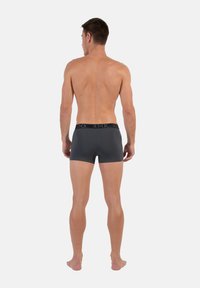 Grå herrboxershorts i stretchmaterial med svart elastisk midjeband med logotyp, åtsittande design och längd till mitten av låret.