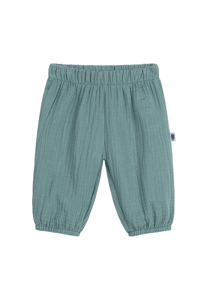 Lichtgroene elastische broek met een tailleband van textuurstof, met gathered zoom en een klein geborduurd wolklogo op de voorkant.