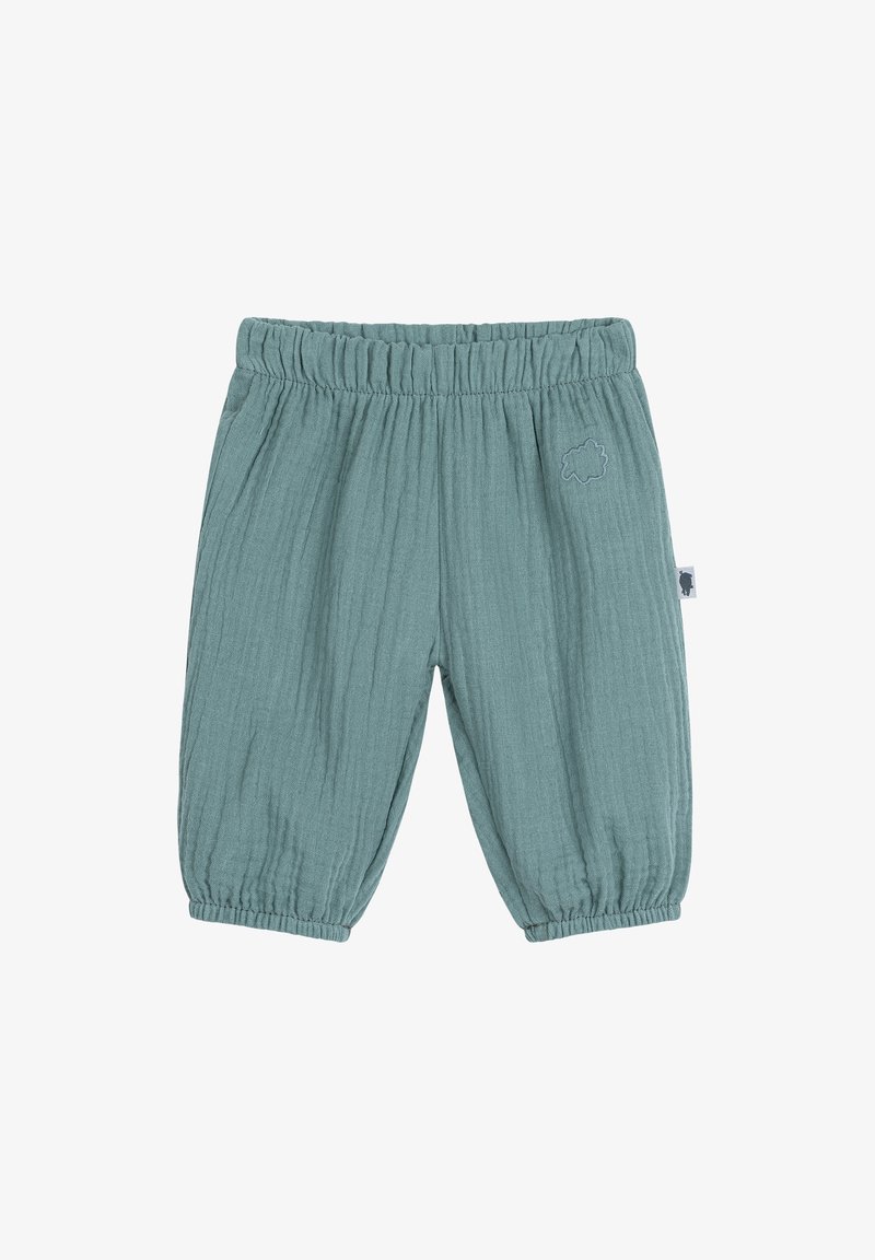Lichtgroene elastische broek met een tailleband van textuurstof, met gathered zoom en een klein geborduurd wolklogo op de voorkant.