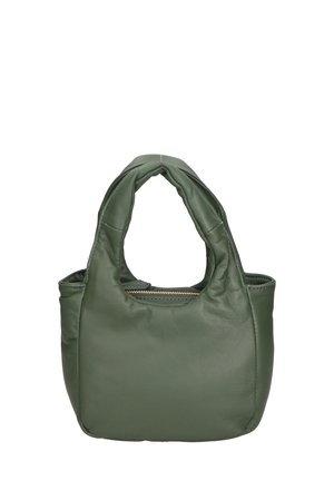 Grüne Lederhandtasche mit zwei kurzen Griffen, runder Form, glatter Oberfläche und goldfarbenem Reißverschlussakzent oben. Kompaktes und funktionales Design.