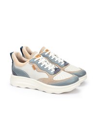 Zapatillas deportivas con una mezcla de cuero y ante en beige, crema y azul. Las características incluyen punta perforada, cordones en contraste y una suela blanca gruesa.