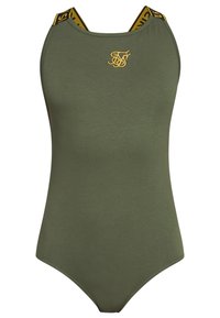 Costume da bagno verde oliva con design aderente, caratterizzato da spalline nere con accenti gialli e un logo ricamato sul petto.