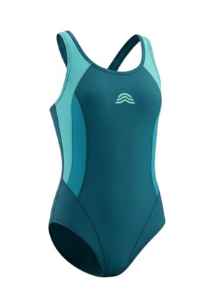 Costume intero verde acqua e azzurro chiaro con spalline larghe e piccolo logo a onda al centro del petto.