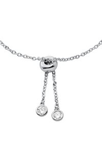 Collar de cadena de plata con deslizador ajustable y dos colgantes de diamante talla redonda en los extremos de cadenas cortas.
