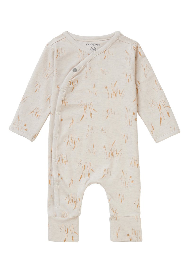 Pyjama pour bébé à manches longues en tissu beige, avec un motif botanique marron clair. Fermeture à pression sur le devant et aux poignets des chevilles.