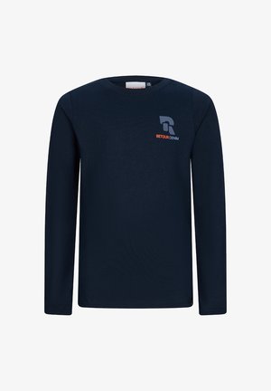 Marineblauwe longsleeve shirt met een klein "Retour Denim" logo in wit en oranje op de bovenste linkerborst.