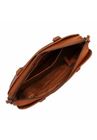 Bruine leren handtas met dubbele ritssluiting, voorzien van een gevoerde binnenkant met meerdere compartimenten en een gestructureerd oppervlak.