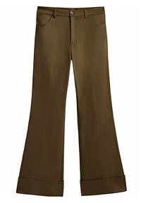 Brown flared pants made of soft fabric, featuring front pockets, a button closure, and a folded hem detail for added style.