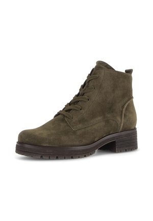 Olive green suede ankle boot with lace-up front, rounded toe, and low stacked heel on a white background.
