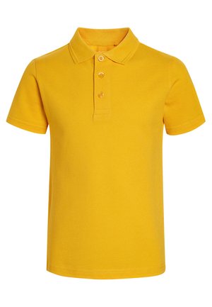 Keltainen polo-paita, joka on valmistettu teksturoidusta kankaasta. Paidassa on kaulus, kolme nappia, lyhyet hihat ja suora helma.
