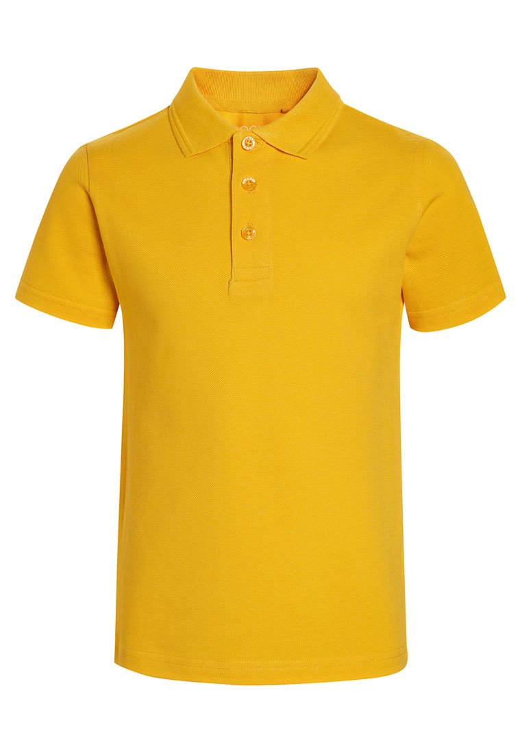 Gul polo skjorte lavet af tekstureret stof, med krave, tre knapper, korte ærmer og en lige kant.