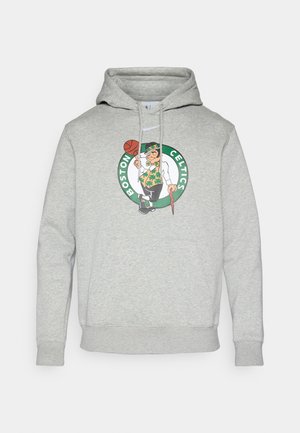 Sweat à capuche gris avec une illustration colorée du logo des Boston Celtics sur le devant, doté de cordons ajustables et d'une poche kangourou.