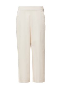 Beige Cropped-Hosen aus glattem Stoff, mit flachem Bund und geraden Beinen samt Seitentaschen. Sauberes und minimalistisches Design.