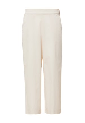 Beige cropped pants made of smooth fabric, featuring a flat waistband and straight legs with side pockets. Clean and minimal design.