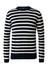 Sweter w paski w kolorze granatowym i białym, z długimi rękawami, okrągłym dekoltem, fakturowanym materiałem dzianinowym oraz dopasowanym wykończeniem.