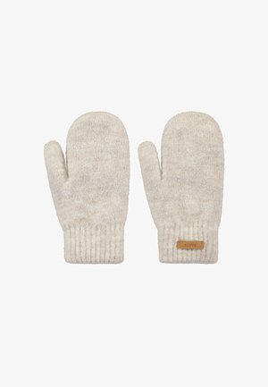 Mittens en tricot beige clair, avec des poignets côtelés et une étiquette en cuir avec un texte en relief. Texture douce, design simple et fonctionnel.