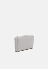Gray textured wallet with a rectangular shape, featuring a gold zipper and smooth edges. Compact design suitable for holding cards and cash.