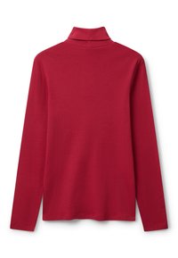 Langärmliges rotes Rollkragenshirt mit einem taillierten Kragen, flach liegend und die Rückseite auf einem weißen Hintergrund zeigend.