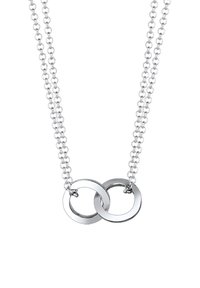 Sølv halskæde med to sammenflettede ringe, med en tekstureret kæde og poleret finish, hvilket fremhæver et minimalistisk design.