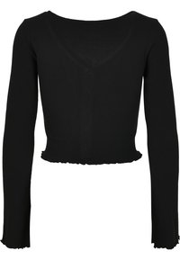 Mustahuulihihainen crop-top, jossa on uurrettu pinta, syvä V-mallinen kaula-aukko sekä röyhelöhelma hihoissa ja alareunassa.