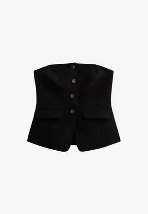 Svart ärmlös jacka i texturerad tyg, med en figurnära passform, sex framskjutna knappar och två framfickor.