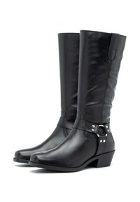 Knee-high mustmust nahkasaapad sileda tekstuuriga, ümarate varvade disainiga ning küljes rihm koos hõbedaste metalldetailidega.