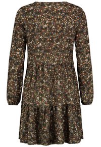Langärmliges Blumenkleid mit olivgrünem Grundton und bunten Blumenmustern, schwingendem Rock und leicht Raffung an den Ärmeln.