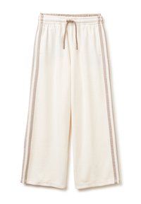 Crème-kleurige sweatpants met een wijde pijpontwerp, voorzien van contrasterende lichtbruine zijstrepen en een elastische tailleband met een trekkoord.