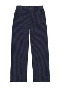 Navy wide-leg pants with white pinstripes, featuring side pockets and a waistband with a button closure. Smooth fabric texture.
