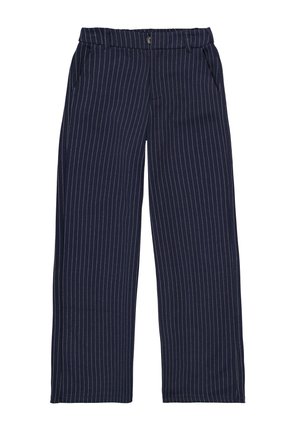 Pantalons larges marine à rayures blanches, avec des poches latérales et une taille avec fermeture à bouton. Texture de tissu lisse.