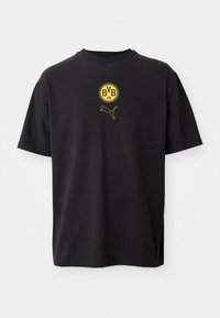 Sort bomulds T-shirt med korte ærmer og rund halsudskæring, med et gult BVB 09-logo og et gult Puma-logo.